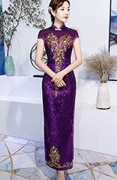 Purple Sequined Bride Mother Long Qipao / Cheongsam Evening Dress