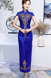 Blue Sequined Wedding Guest Long Qipao / Cheongsam Evening Dress