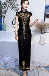 Black Sequined Long Qipao / Cheongsam Party Dress