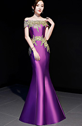 Purple Off Shoulder Fishtail Qipao / Cheongsam Party Dress