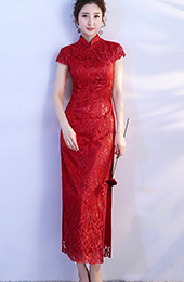 Wine Red Lace Tea Length Qipao / Cheongsam Party Dress