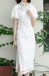 2019 White Lace Mid Modern Qipao / Cheongsam Dress with Flutter Sleeve