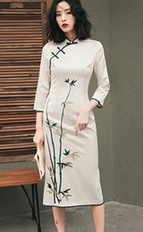 Embroidered Bamboo White Midi Cheongsam / Qipao Dress