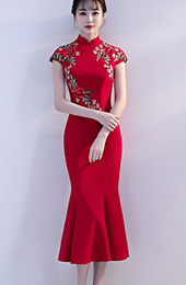 Red Embroidered Midi Qipao / Cheongsam Evening Dress