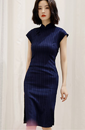 Navy Blue Striped Mid Cheongsam / Qipao Dress