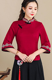 Red Linen Qipao / Cheongsam Blouse Top