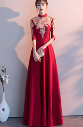 Red A Line Floor Length Qipao / Cheongsam Evening Dress with Gold Appliques