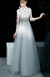 Grey Appliques Tulle Qipao / Cheongsam Evening Dress
