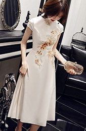 White Floral A-Line Mid Qipao / Cheongsam Party Dress