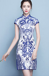 Short Blue & White Floral Qipao / Cheongsam Dress