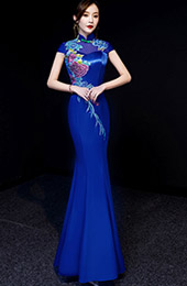 Blue Beaded Floral Fishtail Qipao / Cheongsam Evening Dress