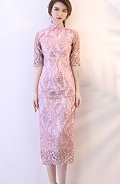 Pink Lace Tea Length Qipao / Cheongsam Party Dress