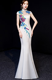 White Floral Floor-Length Qipao / Cheongsam Graduation Dress