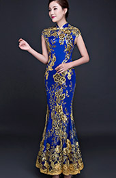 Blue Sequined Fishtail Qipao / Cheongsam Evening Dress