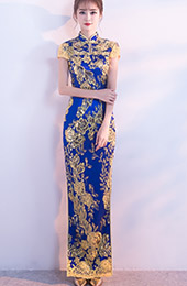 Blue Sequined Floral Long Qipao / Cheongsam Evening Dress