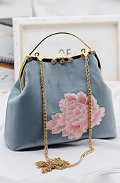 Blue Embroidered Chain Top Handle Clutch Bags