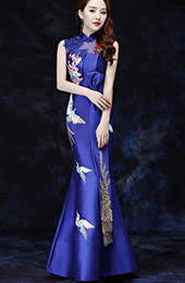 Blue Embroidered Fishtail Qipao / Cheongsam Evening Dress with Cutout Back