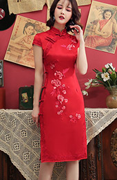 Red Embroidered Mid Qipao / Cheongsam Dress with Lace Trim