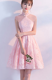 Pink Short Bridesmaids Tulle Qipao / Cheongsam Dress