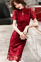 Wine Red Sequins Floral Qipao / Cheongsam Wedding Dress