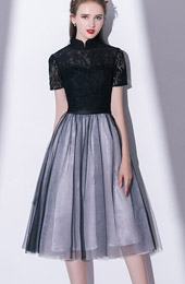 Black Gray A-Line Tulle Qipao / Cheongsam Party Dress