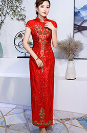 Red Sequined Long Qipao / Cheongsam Wedding Dress