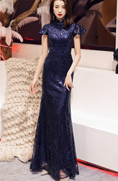 Royal Blue Sequined Fishtail Qipao / Cheongsam Evening Dress