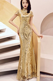 Golden Sequined Mermaid Qipao / Cheongsam Evening Dress