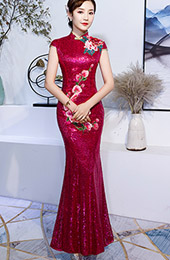 Red Sequined Embroidered Mermaid Qipao / Wedding Cheongsam Dress