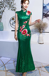 Green Sequined Embroidered Mermaid Qipao / Cheongsam Dress