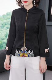 Black Embroidered Women Qipao Tang Jacket