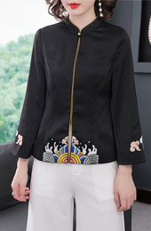 Black Embroidered Women Qipao Tang Jacket
