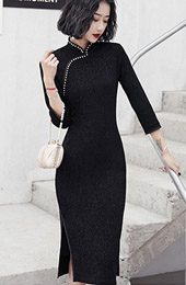 Pearl Black Winter Mid Winter Cheongsam / Qipao Dress