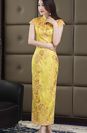 Gold Sequined Long Qipao / Cheongsam Wedding Dress