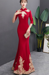 Gold Appliques Long Fishtail Qipao / Cheongsam Wedding Dress