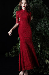 Wine Red Lace Mermaid Long Qipao / Wedding Cheongsam Dress