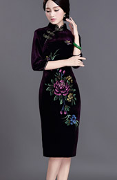 Velour Midi Qipao / Cheongsam Evening Dress with Half Sleeve