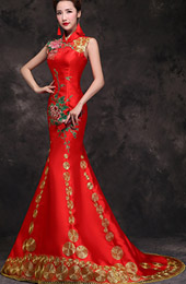 Red Embroidered Trumpet Mermaid Wedding Qipao / Cheongsam Dress