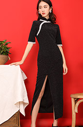 Black Velvet Thigh Split Qipao / Cheongsam Dress