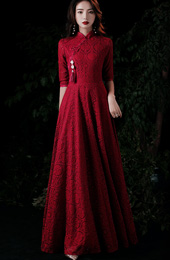 Burgundy Lace A-Line Maxi Qipao / Wedding Cheongsam Dress