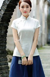 Linen White Short Sleeve Qipao Top / Chinese Blouse