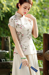 Beige Floral Chinese Qipao / Cheongsam T-Shirt