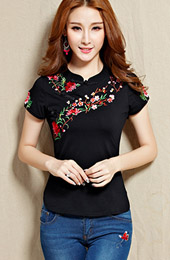 Black Stretch Embroidered Round Neck Blouse Top