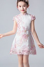 Pink Embroidered Kids Girls Qipao / Cheongsam Dress