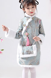 Blue Floral Woven Kids Girl's Qipao / Cheongsam Winter Dress