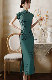 Green Floral Maxi Cheongsam / Qipao Party Dress