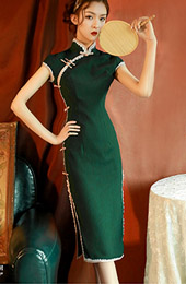 Summer Green Midi Modern Qipao / Cheongsam Dress