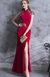 Red Embroidered Thigh Split Wedding Qipao / Cheongsam Dress