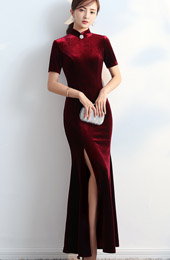 Wine Red Split Fishtail Qipao / Cheongsam Party Dress