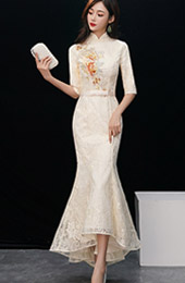 Beige Lace Embroidered Fishtail Qipao / Cheongsam Dress
